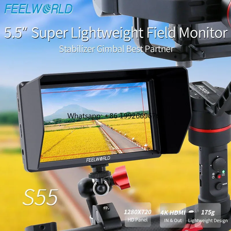 

FEELWORLD S55 5.5 Inch IPS on camer Field DSLR monito Focus Assist 1280x720 Support 4K HD-MI Input DC Output Include Tilt Arm ma