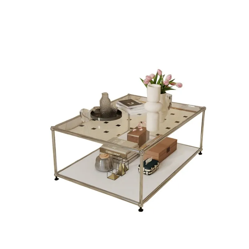 

Nordic modern simple living room household cream wind stainless steel glass coffee table