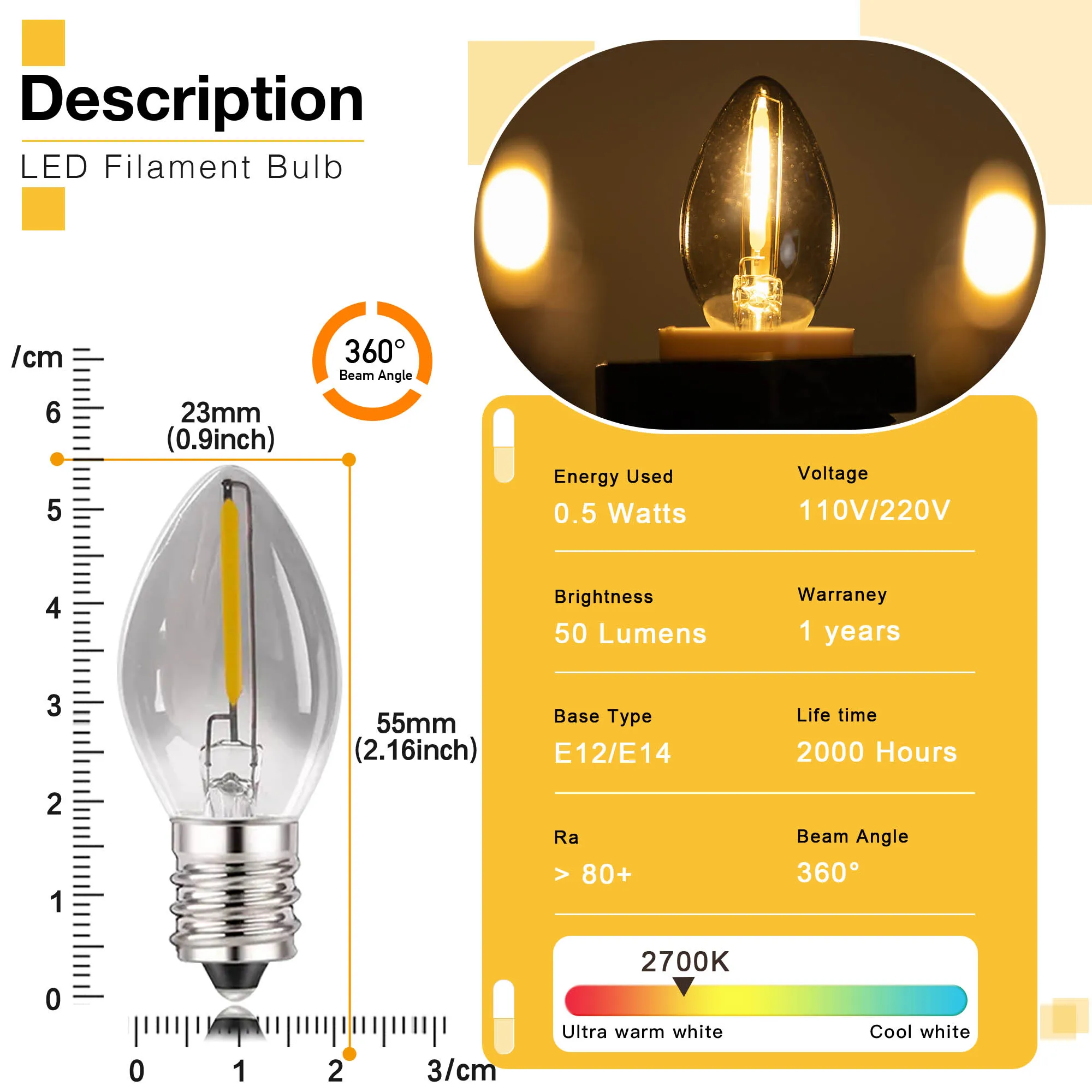 C7 LED Smoky Grey Glass Edison Bulb E12 E14 Dimmable 0.5W Equivalent to 7W Antique Decorative Christmas Party Small Candle Bulb