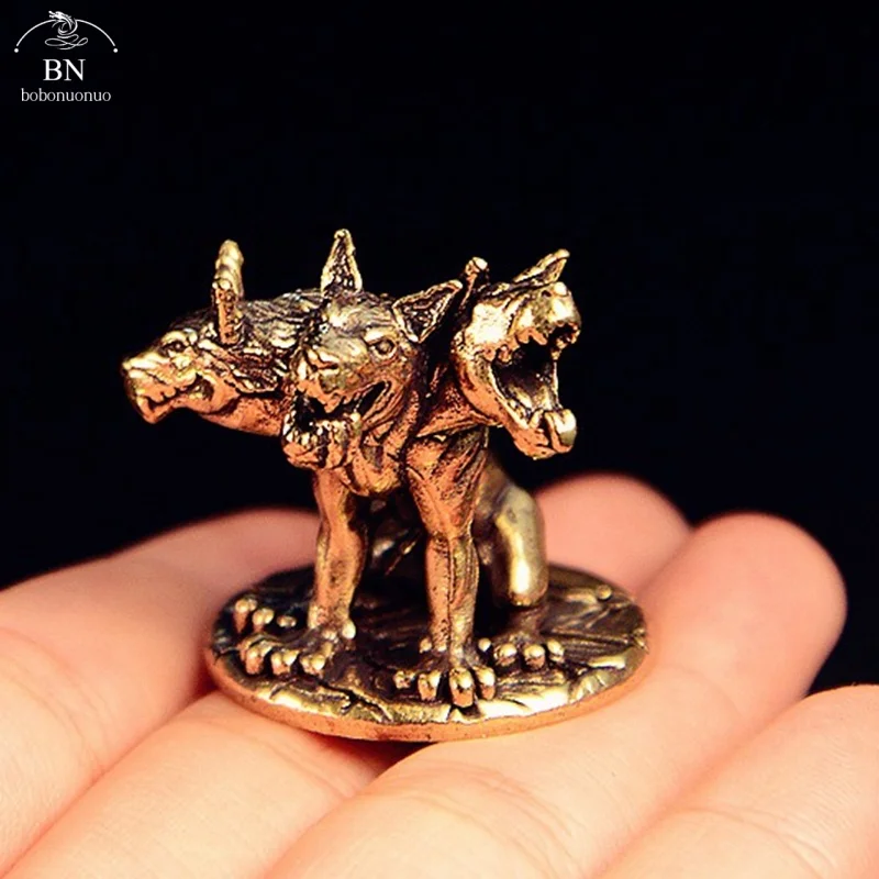 Three Headed Dog Miniatures Figurines Brass Mythology Animal Small Statue Desktop Ornaments Home Decorations Crafts Accessories