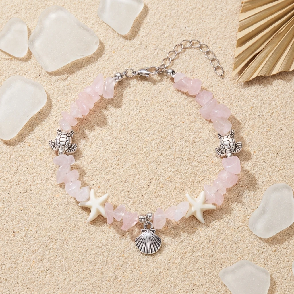 Natürliches Rosenquarz-Chip-Armband mit silberfarbenem Schildkröten-Anhänger für Damen, Heilkristall-Energiestein-Armreif, Sommer-Schmuckgeschenk – Detail 5