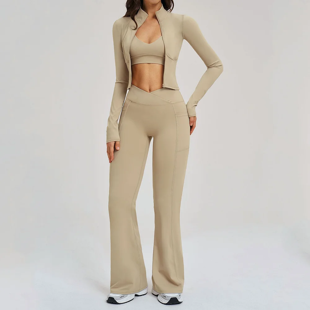 

Женский спортивный костюм для йоги из 3 предметов: топ на молнии с длинным рукавом, леггинсы с высокой талией, одежда для фитнеса и тренировок в спортзале