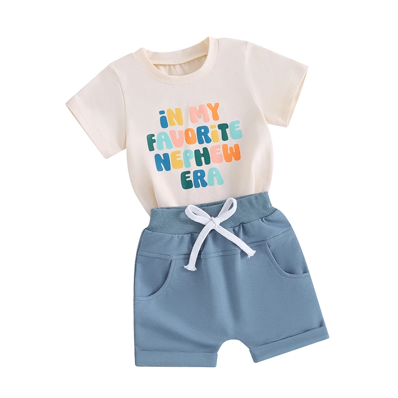 

Infant Toddler Baby Boy Summer Clothes In My Favorite Nephew Era Short Sleeve T-Shirt Tops Solid Color Shorts Set Casual Outfit