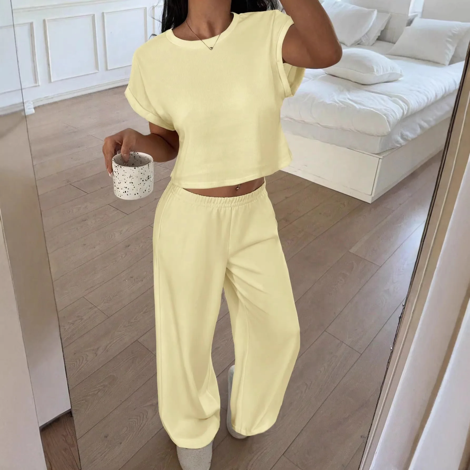 

Summer Casual Loose Wide Leg Pants Set Women's Short Top High Waist T-Shirt Two-Piece Set Breathable Comfortable Fashionable