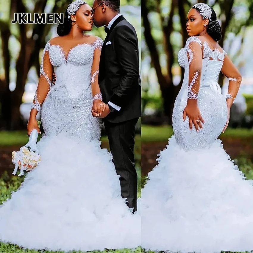 

Индивидуальный пошив роскошного свадебного платья в стиле русалки для женщин, новое, с длинными рукавами, с обильной вышивкой бисером и пайетками, кружевное платье для невесты.