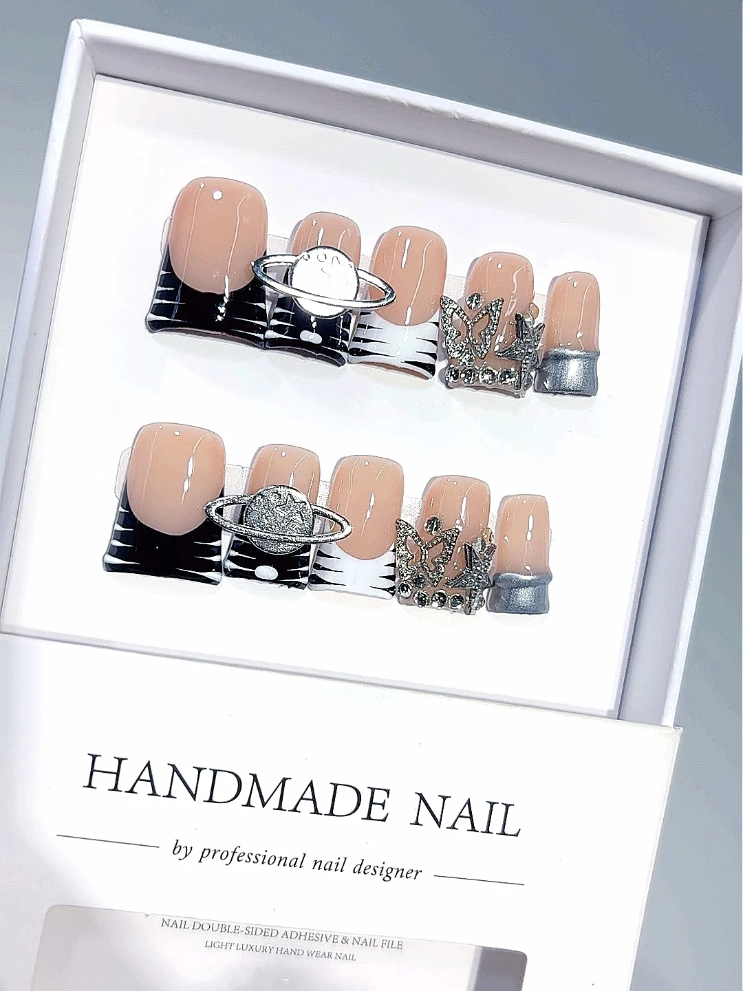 

Y2K Space Press on Nails, Zebra Stripe & Silver Planet Butterfly Fake Nails, Goth Rhinestone Square False Nails for Women L304