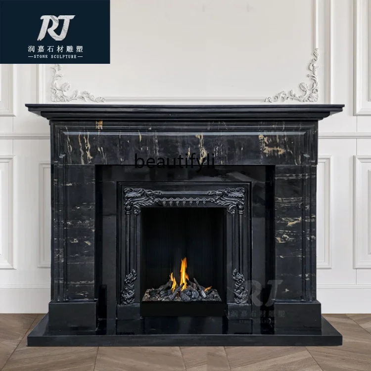 TTT French fireplace marble mantel black black gold flower stone retro American simple living room