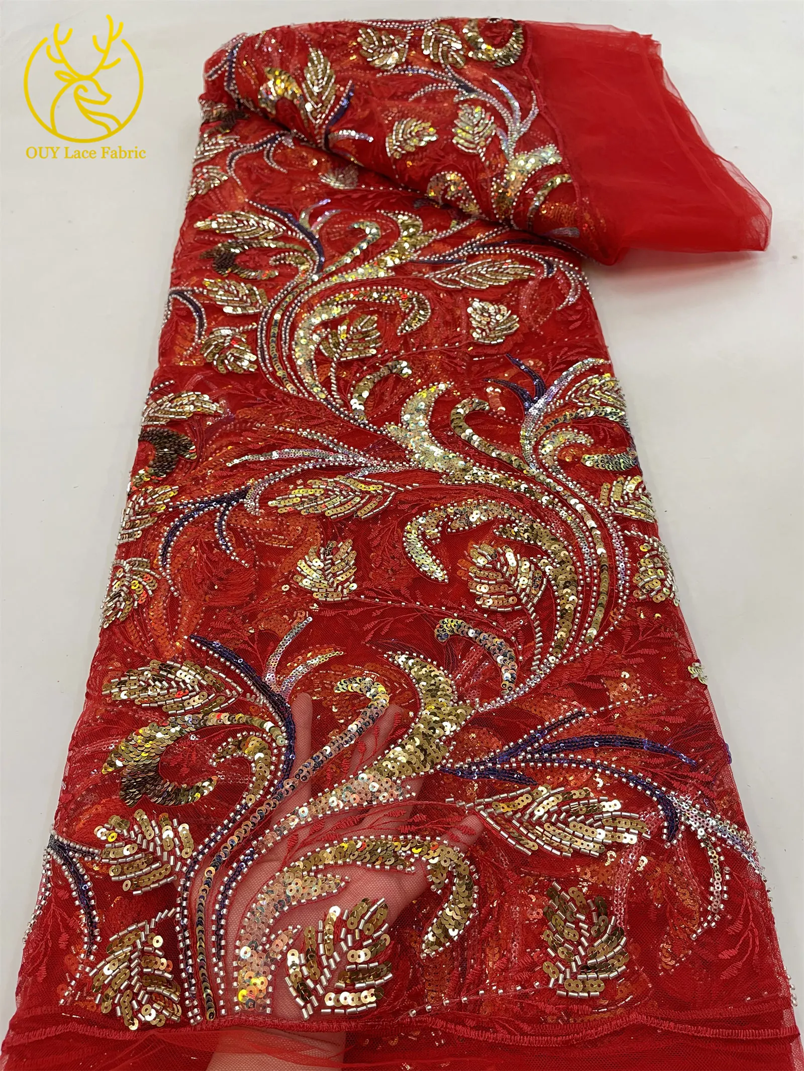 Luxuriöser Goldener Afrikanischer Perlen-Pailletten-Spitzenstoff 2026 Eleganter Französischer Stickerei-Tüllspitzenstoff Nigerianisches Party-Hochzeitskleid – Detail 17