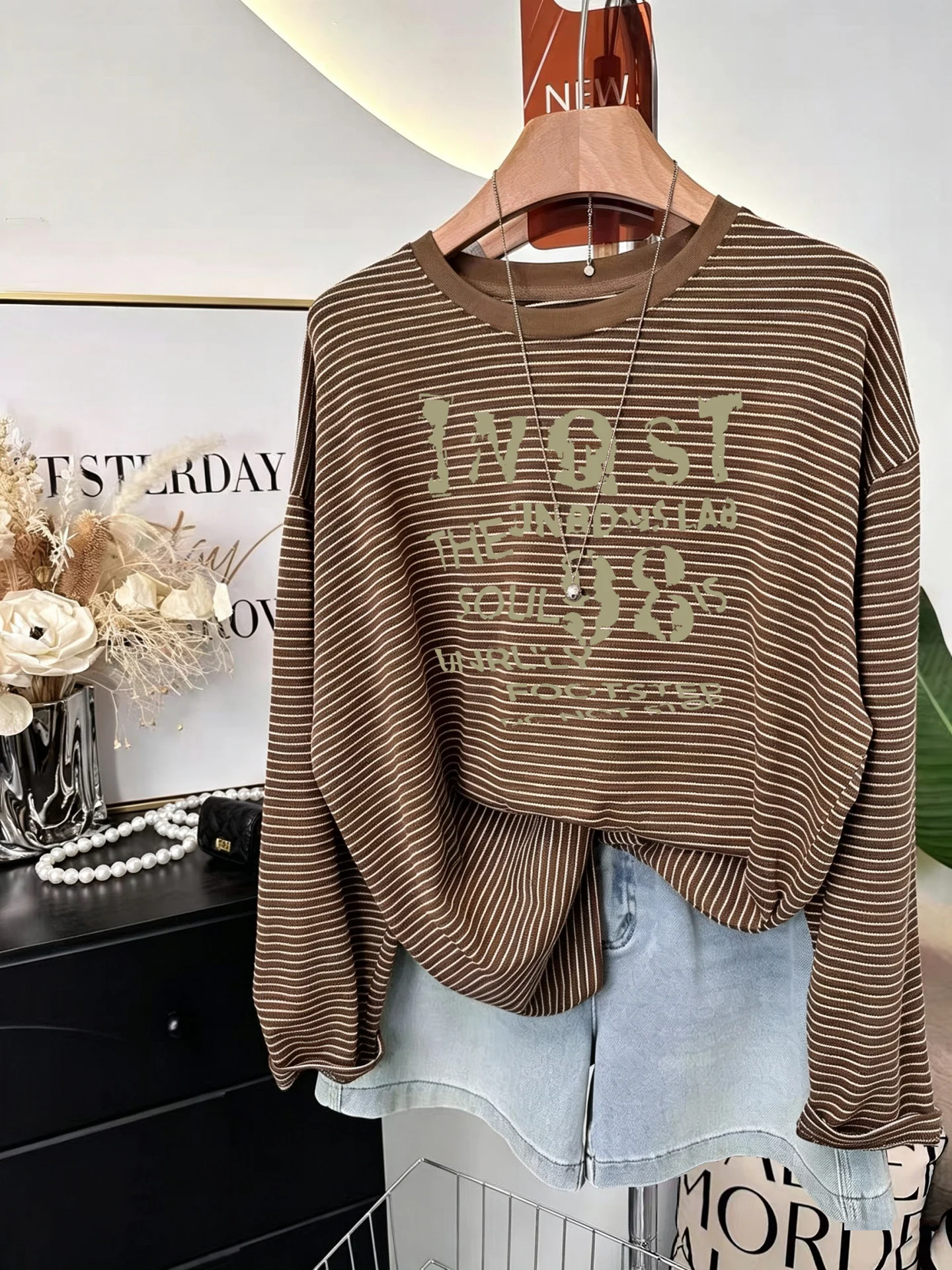 Retro American Long Sleeve T-Shirt Women's Draped Lazy Korean Style Print round Neck Spring Autumn Base Shirt Pure Cotton