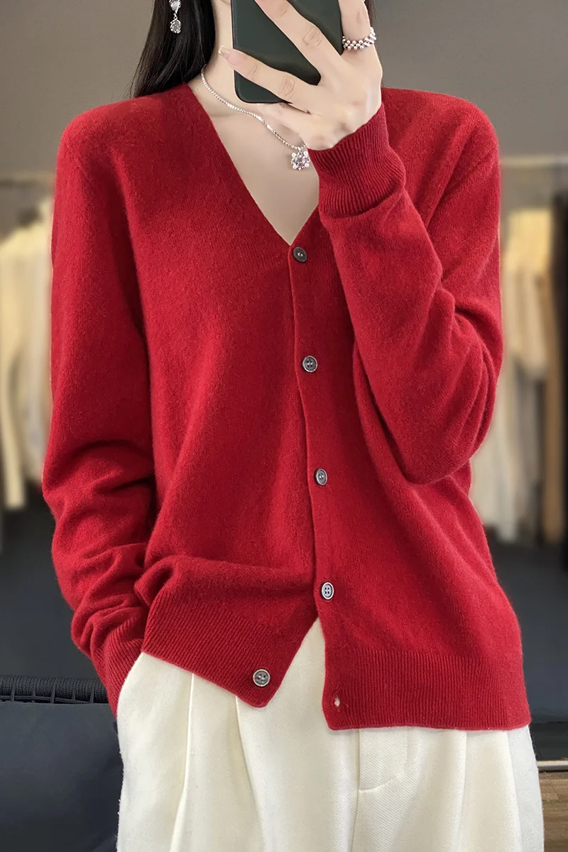 Tloml outono inverno feminino com decote em v lã cardigan básico sólido manga longa camisola de caxemira 100% lã merino malhas femininas topos