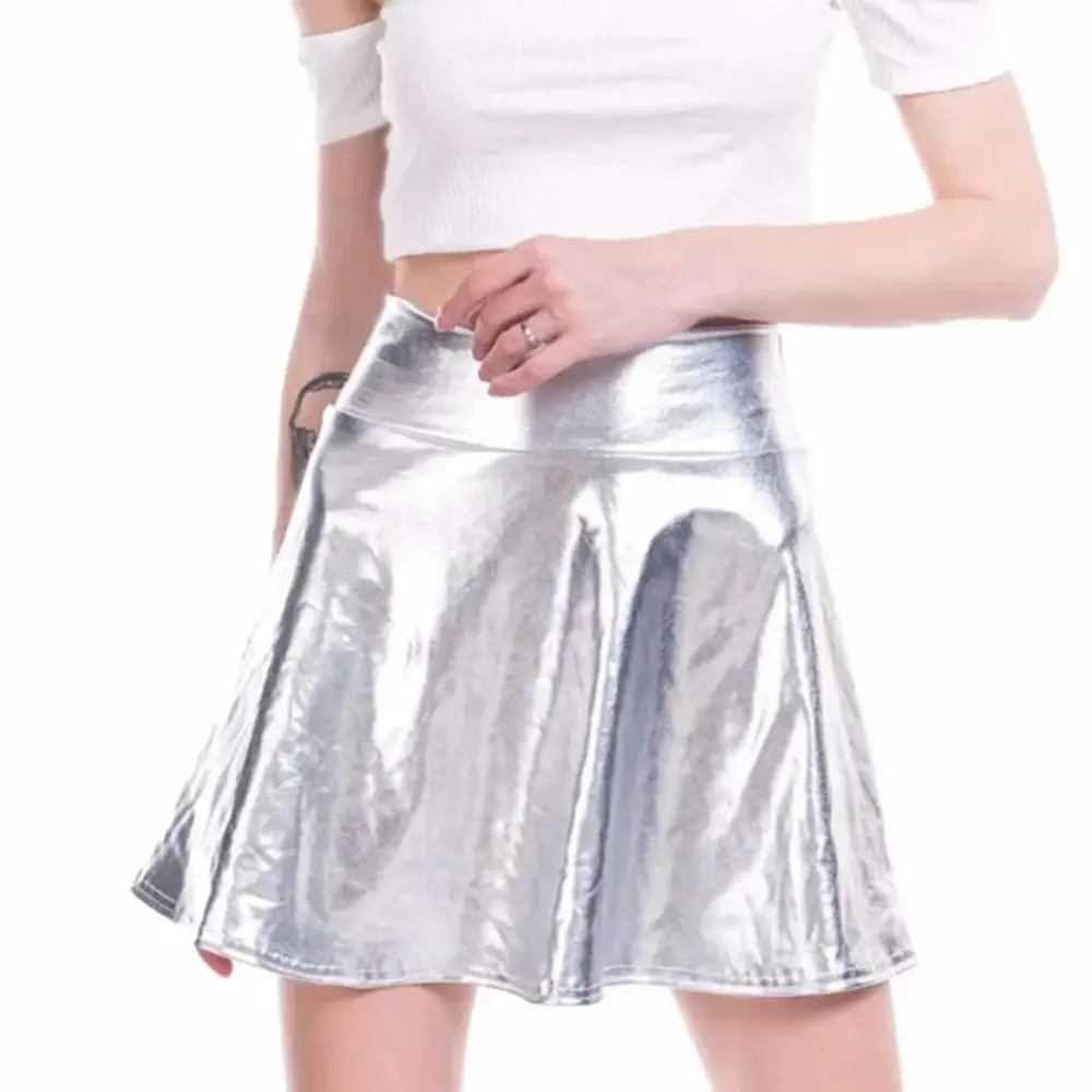 Elegant Metallic Pleated Skirt Retro Flared Design Shiny Short Dress Gold Silver Solid Color A-line Short Skirt Daily Wear