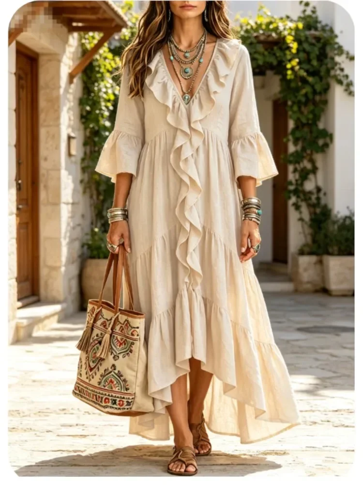 Women Boho Ruffle V‑Neck Maxi Dress 3/4 Flare Sleeve Irregular Hem Long Dress Ladies Loose Tiered Holiday Beach Bohemian Dresses