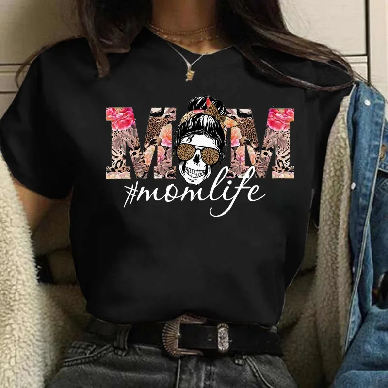 Women Summer Casual T-Shirt Leopard Mom Life Heart Star Skull Graphic Print Short Sleeve Fashion Female Tee Tops