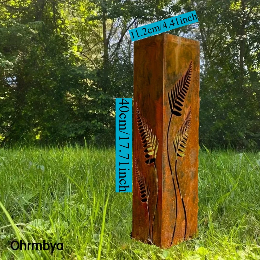 Rustic Rusty Metal Fern Leaf Garden Columns Landscape Design Bamboo Planter Lighting Box Steel Bollards Garden Yard Sculpture