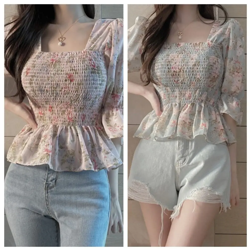 Printed Floral Y2K Crop Tops Off Shoulder Square Neck Puff Sleeve Tops T-shirt Slim Ultra Short Chiffon Blouse Corset Top Ladies