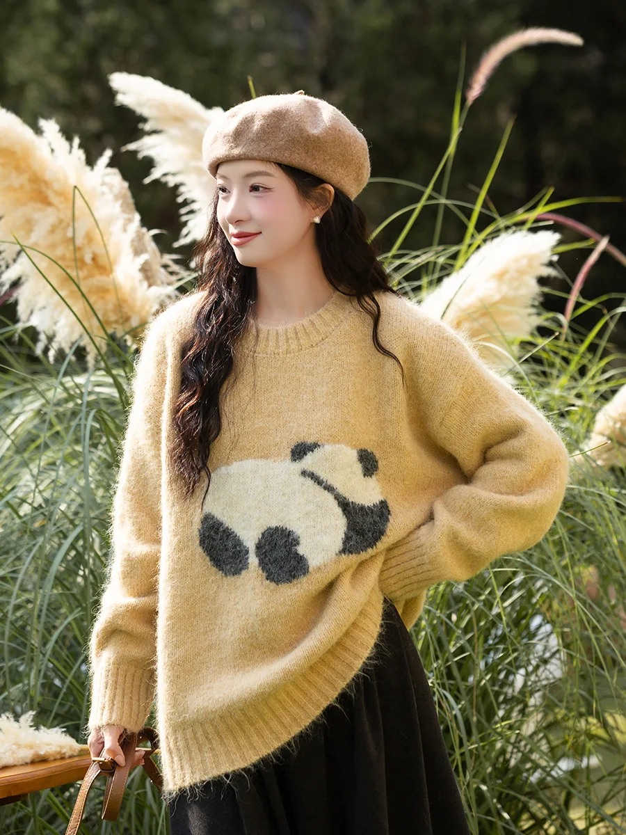 

Women's Loose Fit Knitted Sweater Thiened Lazy Sle Overhead Panda Patterned Top Autumn Winter New Arrival Color