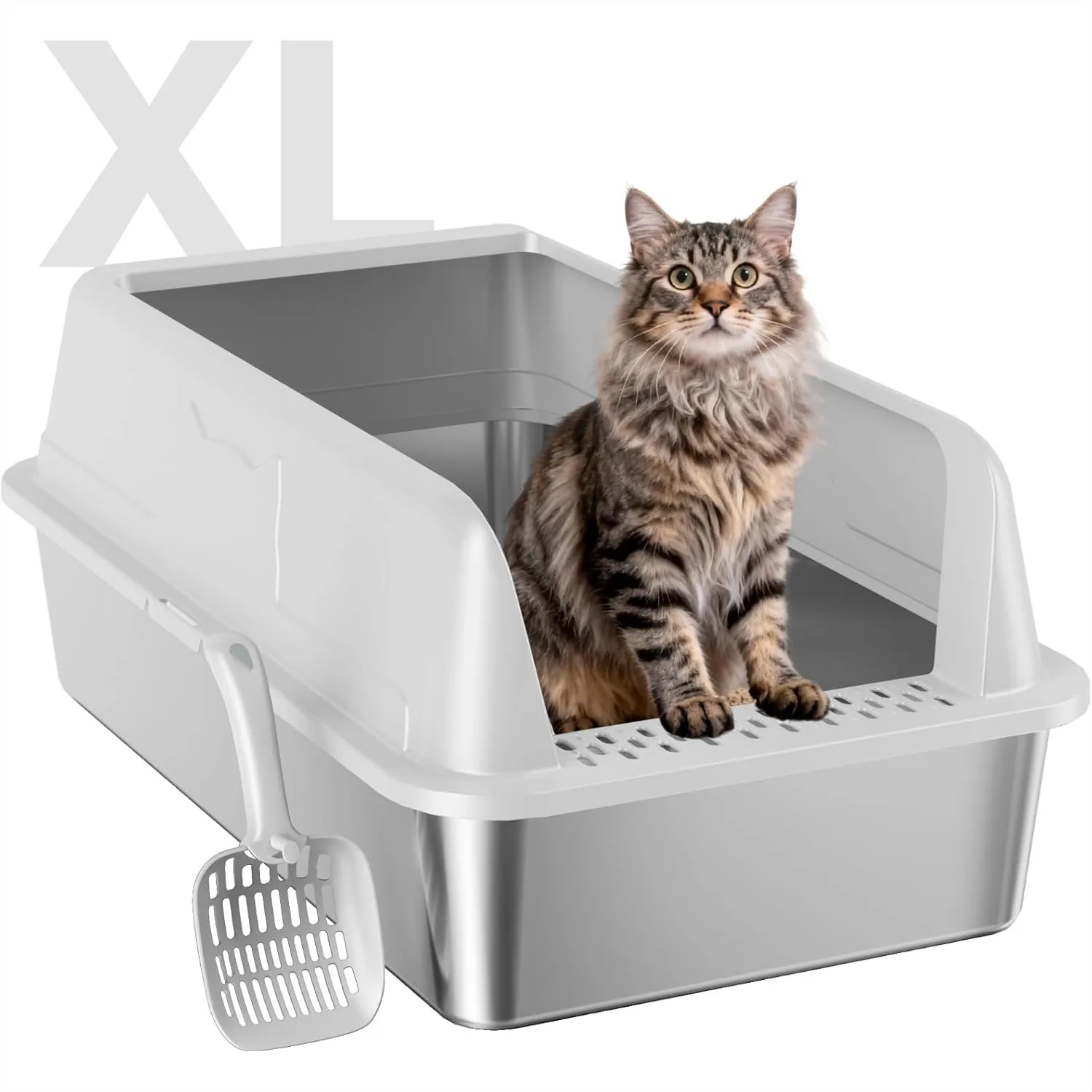 

Stainless Steel XL Cat Litter Box with High Sides, Non-Stick, Easy Clean, Includes Scoop, Gray