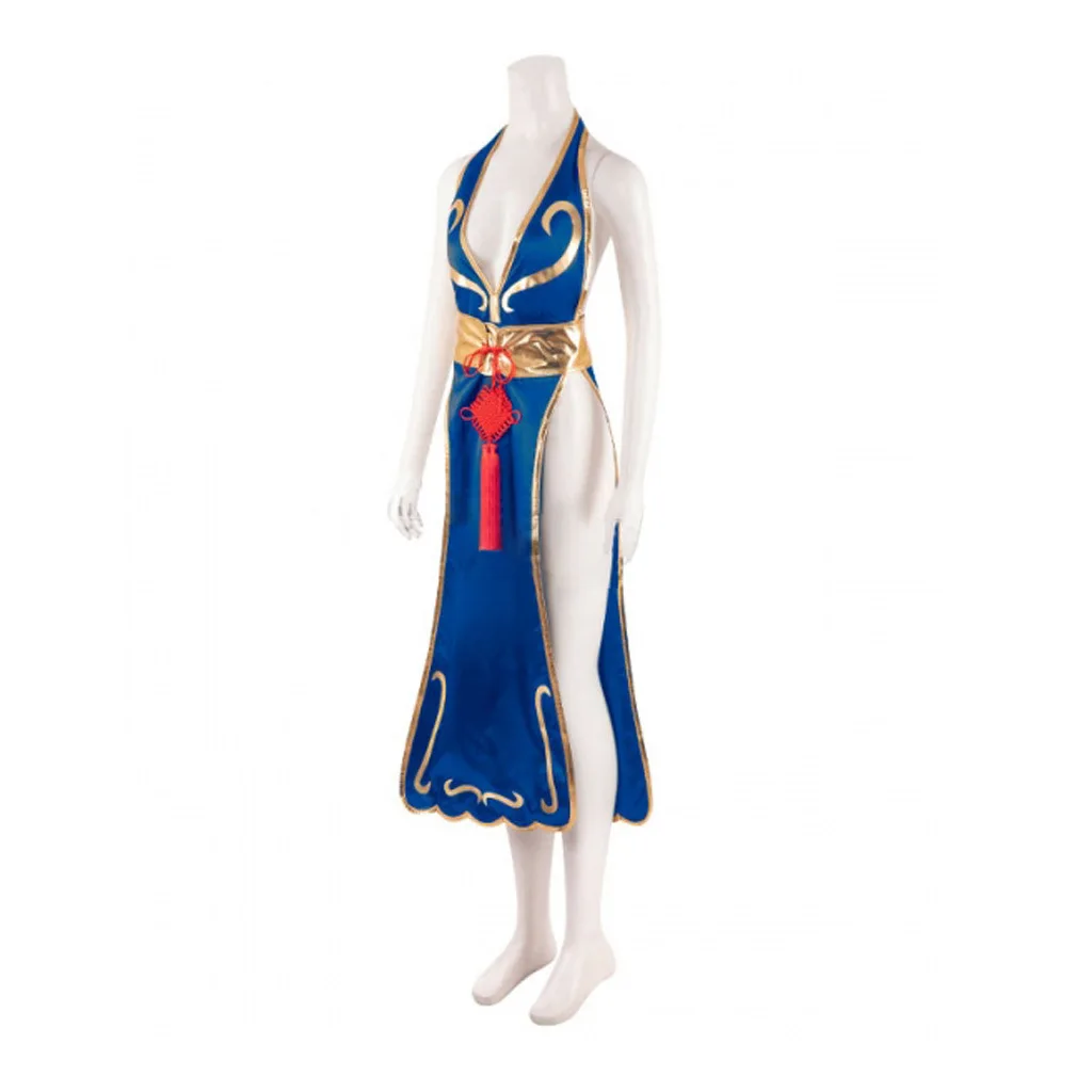 Gry Chun Li Cosplay kostiumy Sutorito Faita niebieskie suknia w stylu qipao kobiety seksowne body nakrycie głowy na Halloween karnawał odzież