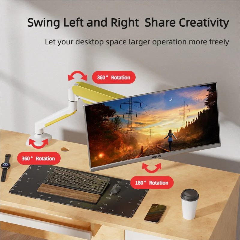 Monitor Mount Arm Load 10KG 17~35 Inches (White & Gold) Monitor Stand with Clamp/Grommet Mount Base Home Office Monitor Stand