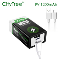 CityTree 9V Rechargeable Batteries 1200mAh Type-C USB 6F22 9 Volt Lithium Battery for Microphone Remote Control Metal Detector