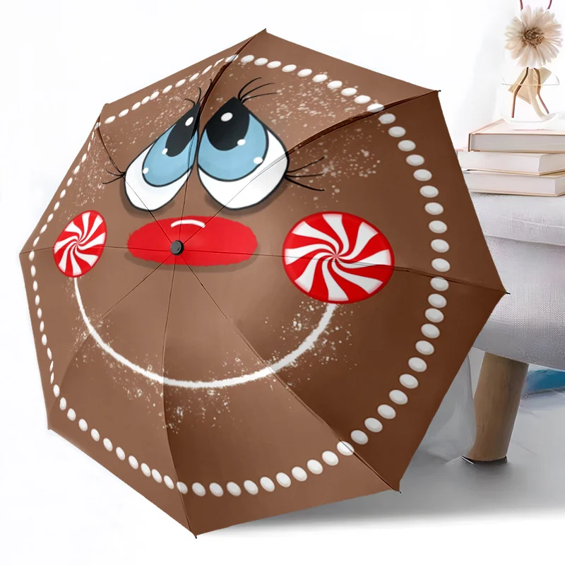 

Cute Christmas Umbrella with Automatic Open/Close - Compact Folding Umbrella, Brown with Expressive Eyes, Sturdy 8-Rib Shaft f