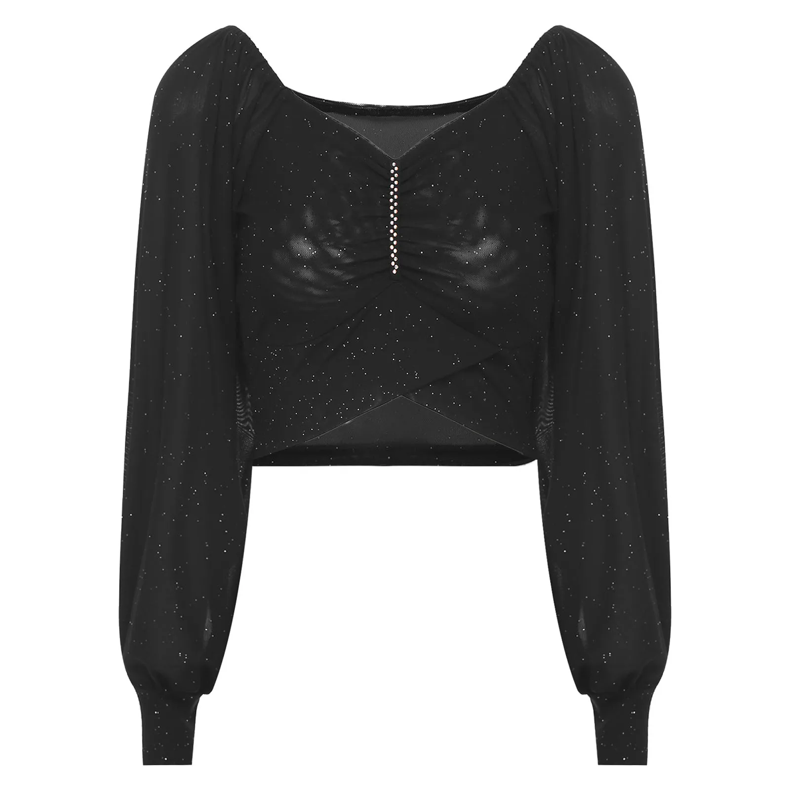 Elegantes, kurzes Top für Damen, Party, Club, langärmelig, durchscheinend, glänzend, bauchfreies Top für einen hohen Look, undichten Nabel, modisches Hemd-Top