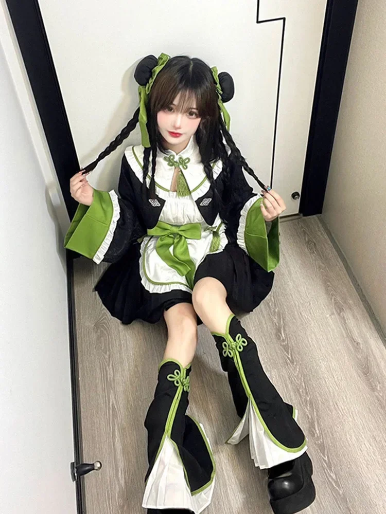 

Original Japanese Harajuku Punk Bow Stitching Hot Girl Fashion Lolita Temperament Kawaii Sweet Black Green Cheongsam Dress