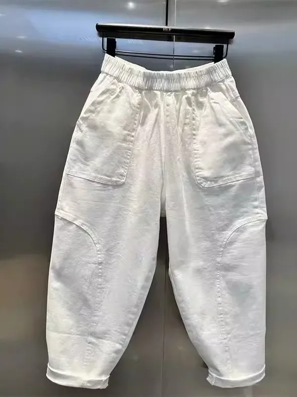 

plus Size Elastic Waist Harem Jeans Men's Large Pocket Nine-Tenths Dad Pants Casual Loose Fit Straight Leg Jeans for All