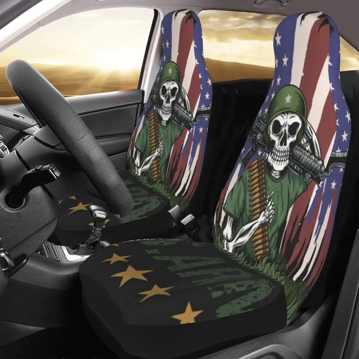 Machine Gun Skull American Army Car Seat Cover Custom Printing Universal Front Protector Accessories Cushion Set