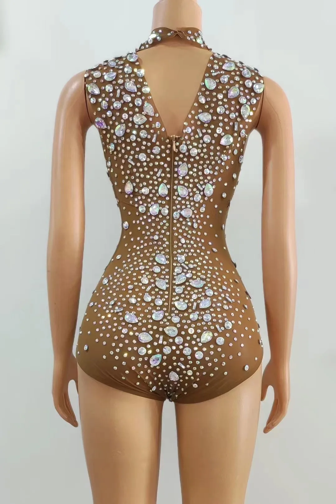 Sexy Stage Sparkly AB Crystals Bodysuit Mesh See Through Rhinestones Rompers Stage Birthday Dance Evening Photoshoot Outfit