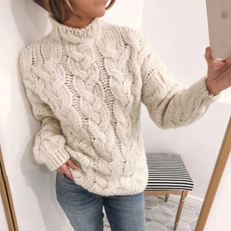 

High Collar Fried Dough Twists Fashion Sweater Women's 2023 Autumn/Winter New Pullover Loose Temperament Commuter Solid Knit