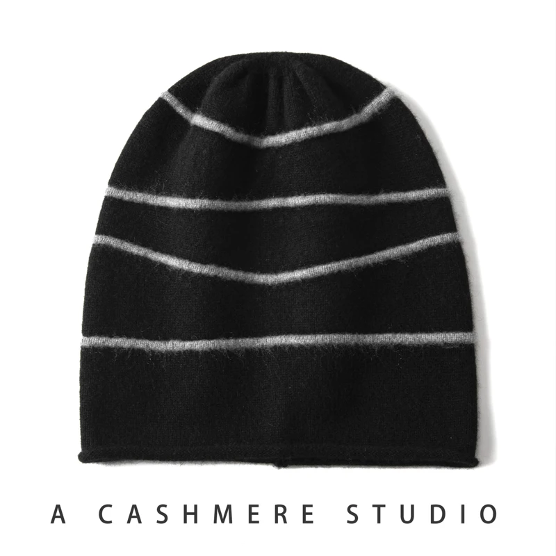100% Pure Cashmere Knitted Hat Unisex Autumn Winter Thick Warm round Top Overhead Cap No-Collar Outdoor Cold-Resistant Hat