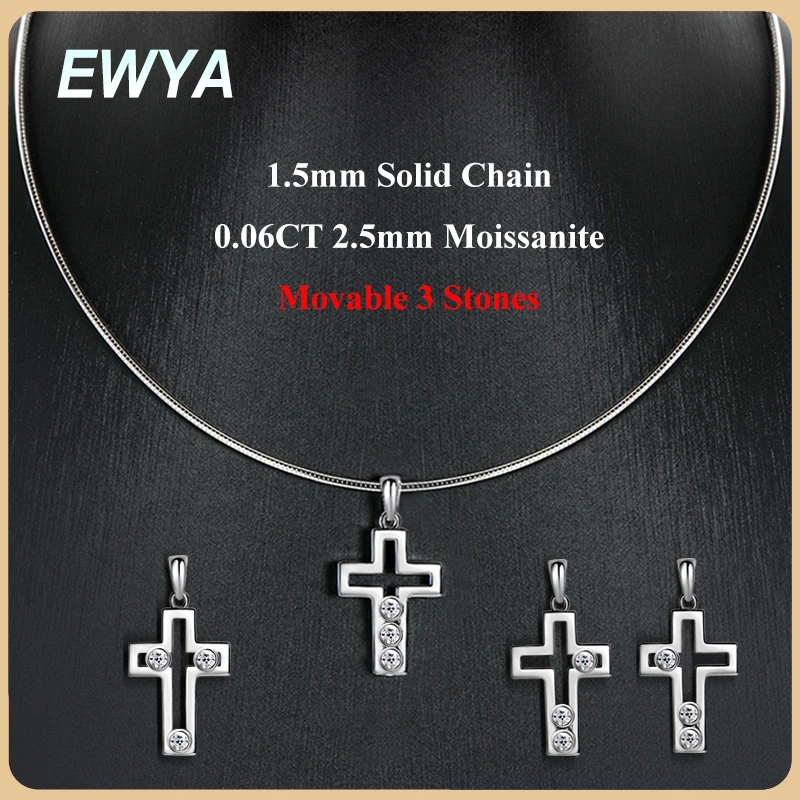 

EWYA Dainty Jesus Cross Full 2.5mm Moissanite Pendant Women 925 Silver 3-Stone Movable Lab Diamond 1.5mm Solid Choker Neck Chain