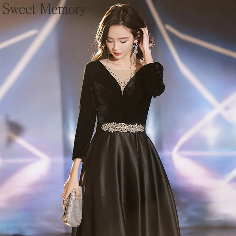 

F2148 Платье для выпускного вечера с длинными рукавами по индивидуальному заказу, черное сладкое женское вечернее платье длиной до пола, длинное роскошное вечернее платье 2025 года