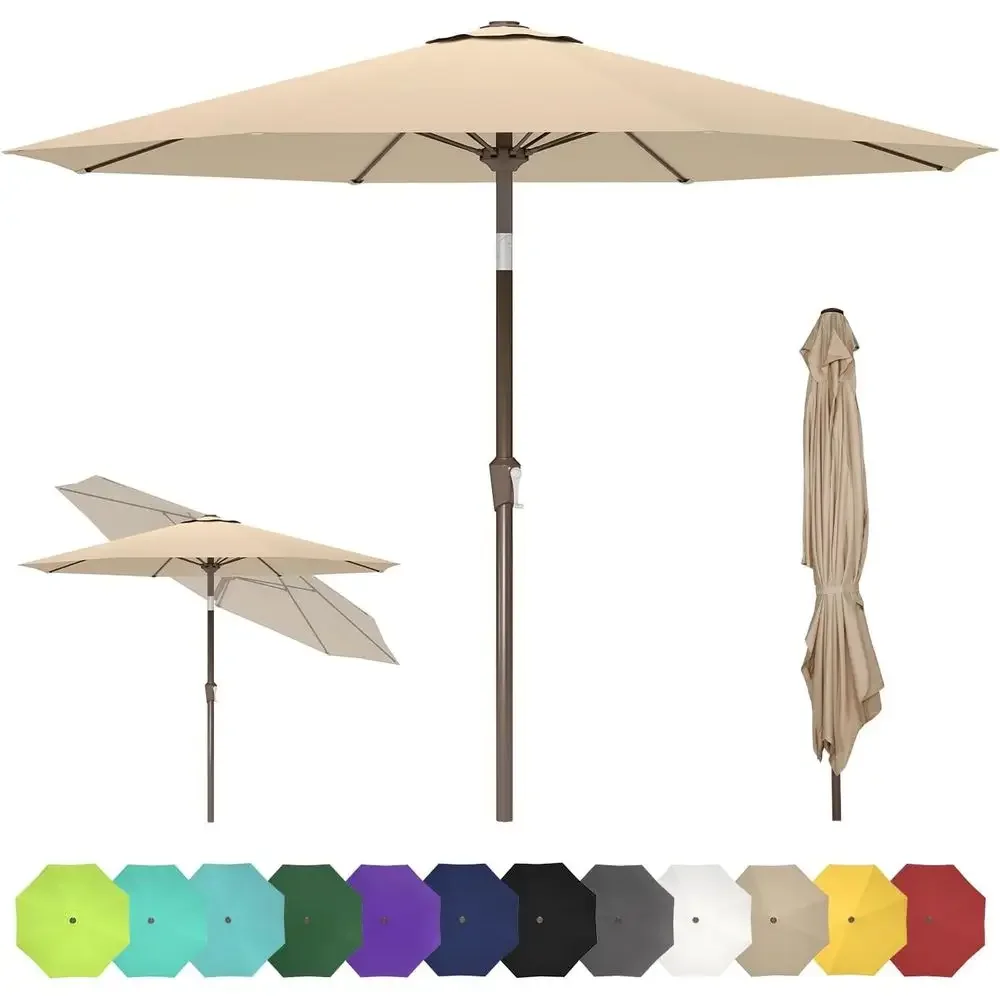 Durable Fiberglass Rib Outdoor Patio Umbrella with Push Button and Crank, Waterproof, Ideal for Garden, Deck, Pool Area, Tan
