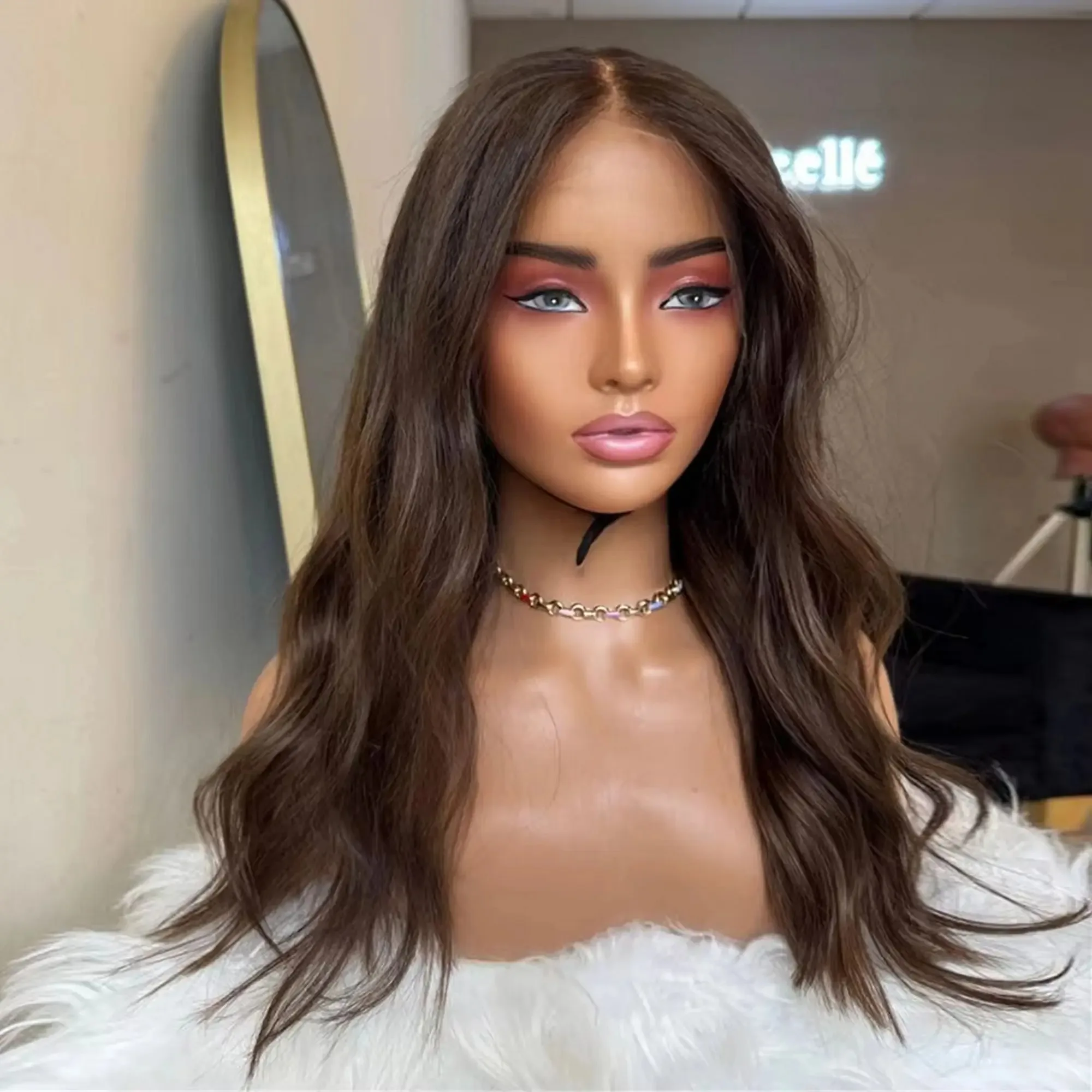 Chocolate Brown Natural Wave Lace Top Wigs 13x4 HD Glueless Pre Plucked Hairline Premium Realistic Wig Synthetic On Clearance