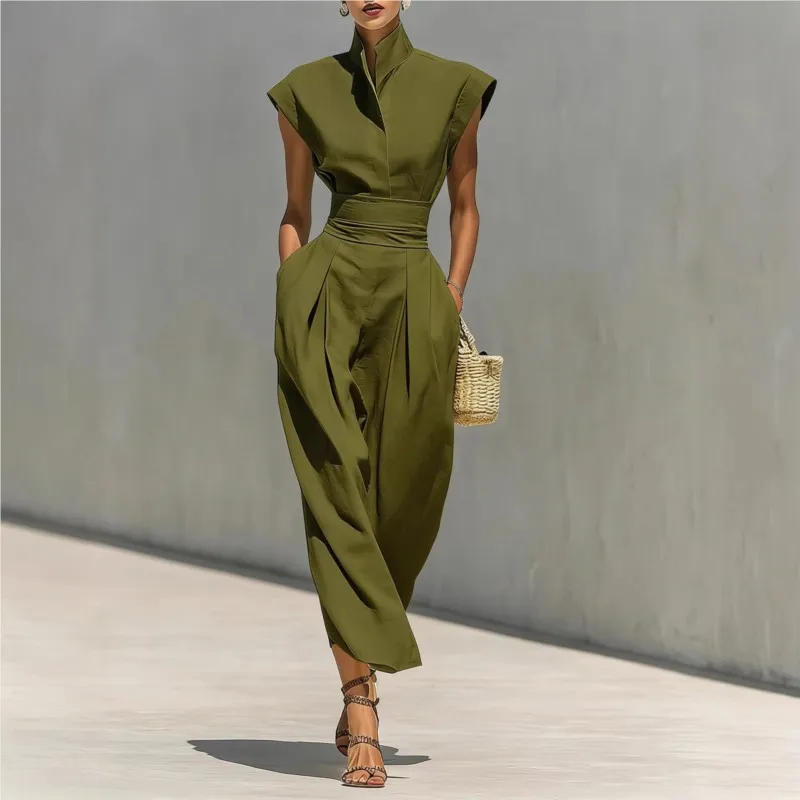 

New Summer High Waist Pocket Dress Elegant Lady Slim Pleated Midi Dresses Fashion Solid Stand Collar Sleeveless Commuting Dress