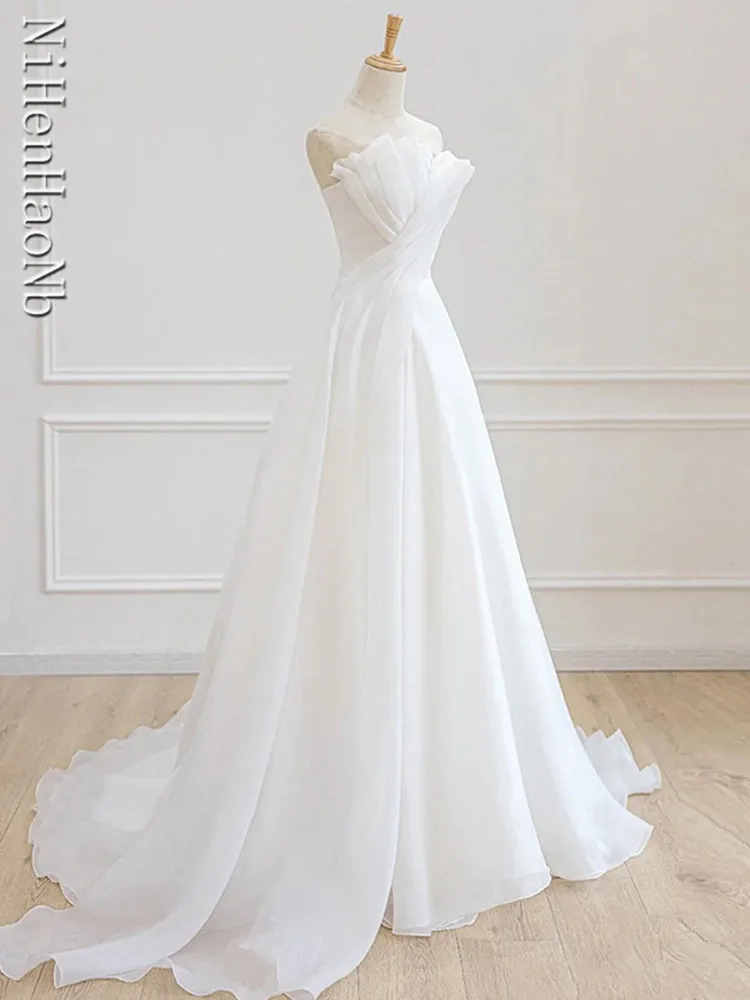 Luxury White Satin Chiffon Strapless Wedding Trailing Dresses for Bride 2023 Elegant Long Prom Evening Guest Party Women Dress