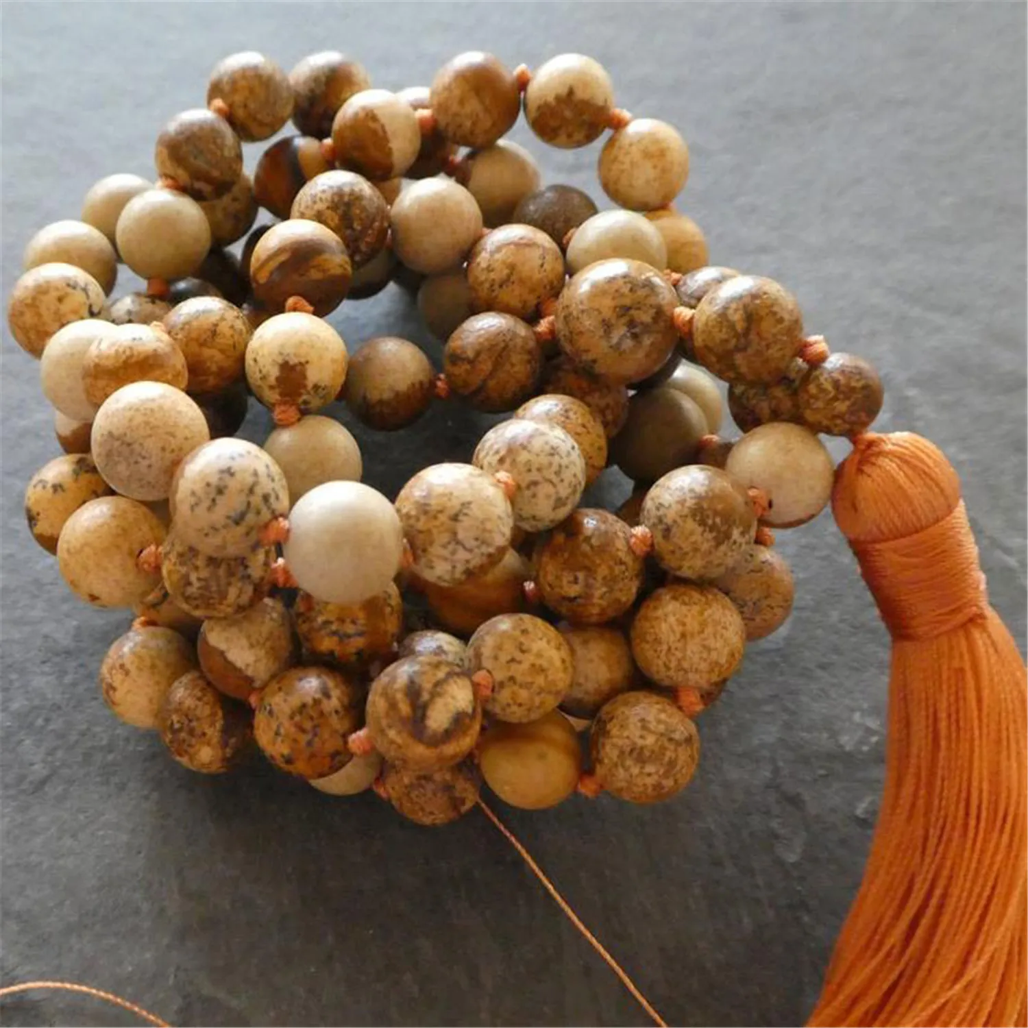 8mm Natural Picture stone Gemstone 108 Beads mala Necklace Couples Rustic Stone Opera length Gemstone Yoga Spiritual Men