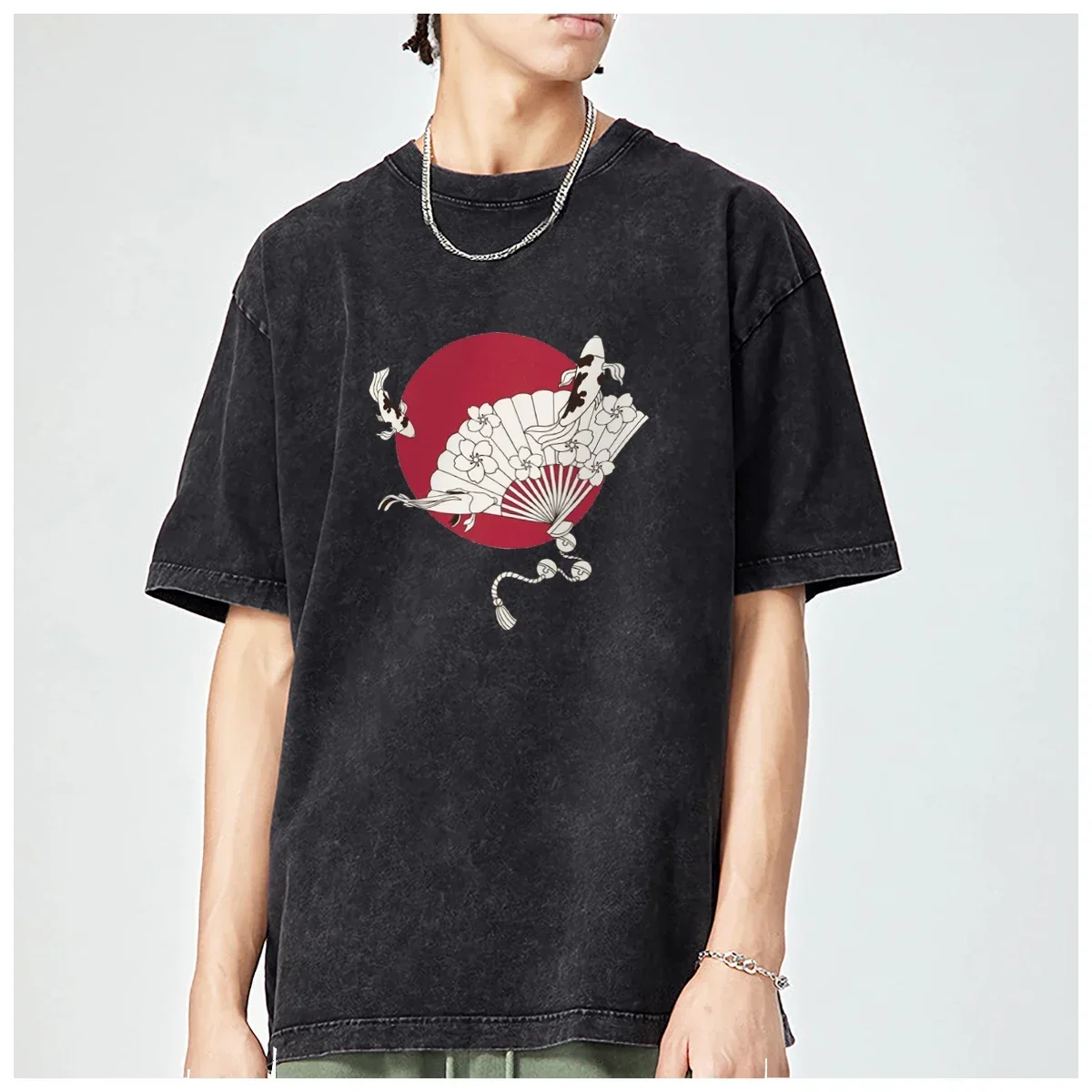 

Art Japan Sakura red-crowned crane Lucky Bag Fan Oversized t shirt men and women Fashion Casual Vintage Washed Cotton Breathable