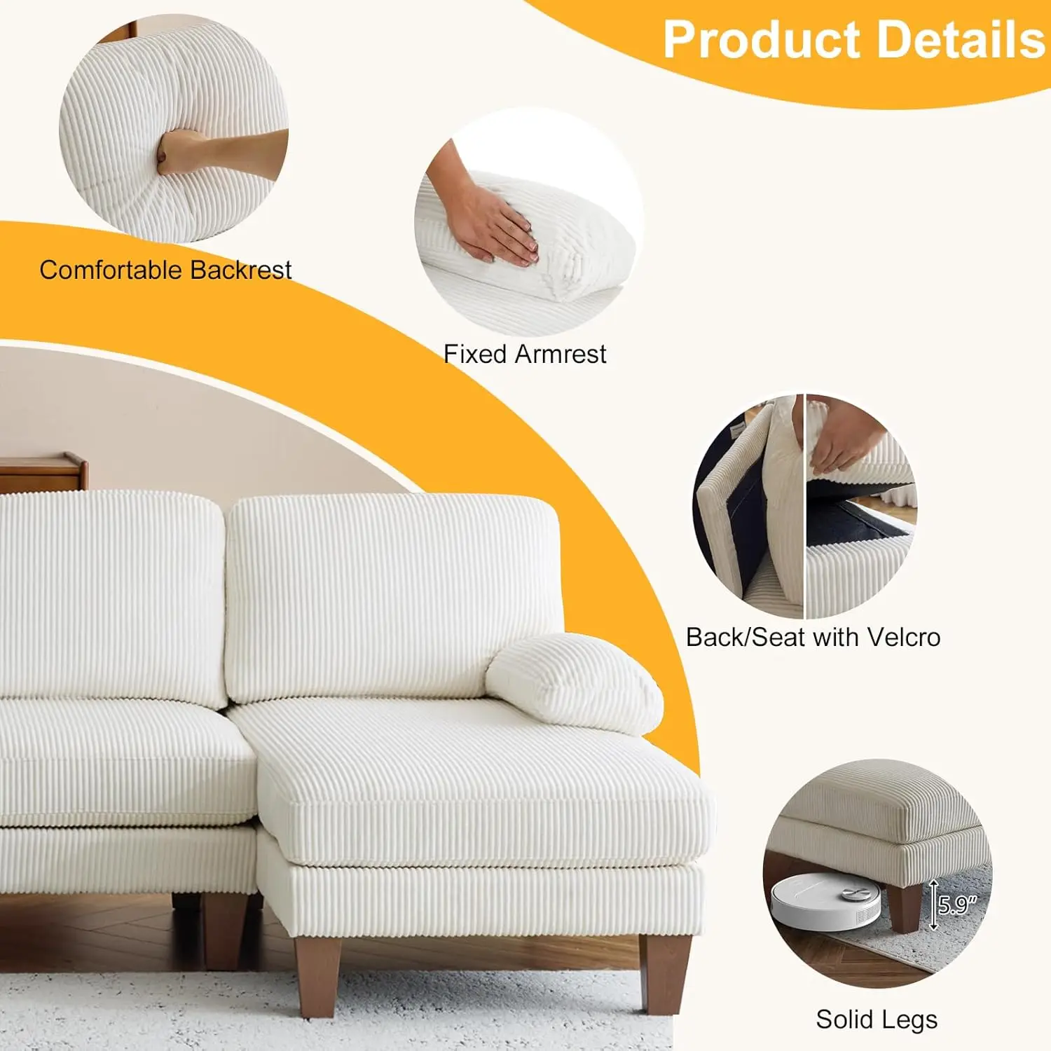 أريكة مقسمة على شكل حرف U مقاس 111 بوصة أريكة حديثة ذات 4 مقاعد مع كراسي أريكة منجدة من قماش سروال قصير بأرجل خشبية محببة #5