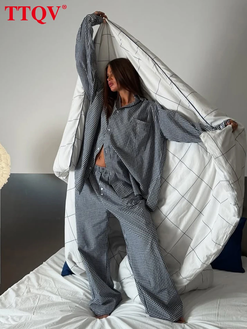 

TTQV Fashion Loose Plaid Cotton Trousers Set 2 Piece Woman 2026 Elegant Long Sleeve Shirt With High Waist Wide Pants Set Femalev