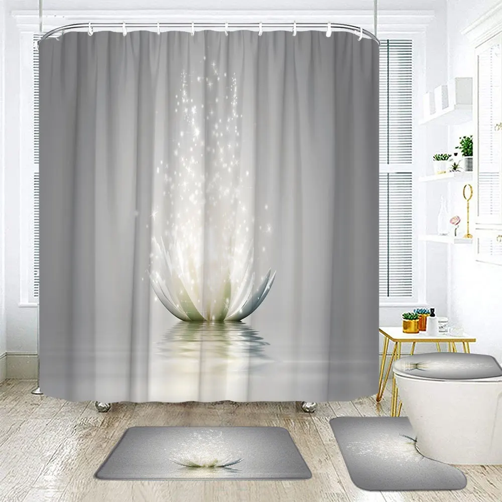 Abstract Lotus Flower Shower curtain Sets Glowing Floral on the Water Fabric Bathroom Curtain Non-slip Toilet Lid and Bath Mat