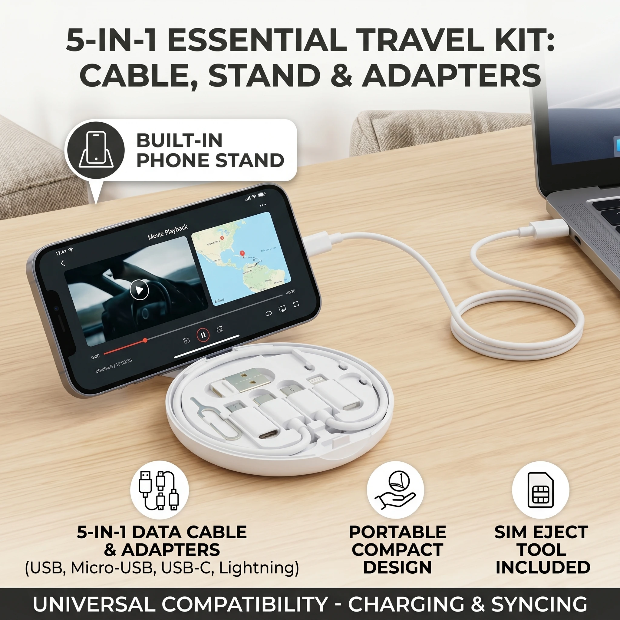 Caja Organizadora de Cables Multifuncional Portátil para Carga Rápida de 60W, Compatible con Apple y Android, USB 5 en 1
