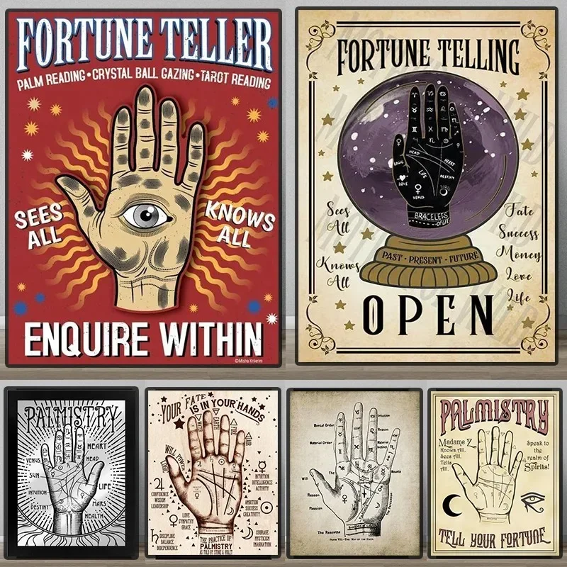No Framed Printing Picture Palmistry Hand Poster Fortune Teller Chiromancy Canvas Painting Retro Palm Reading Print Vintage Wall