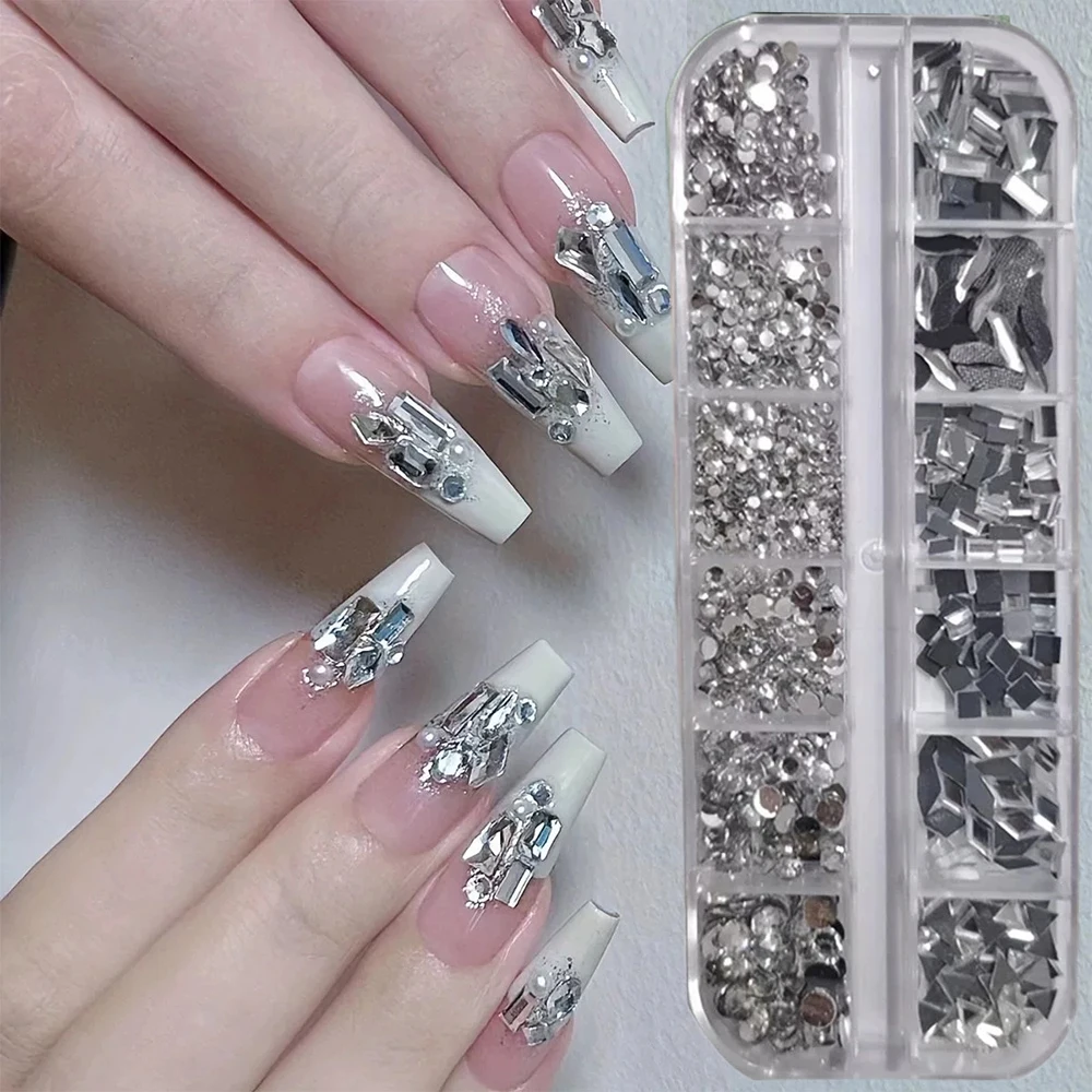 

12Grids 3D Mixed-Shape Crystal Diamond Nail Charms Transparent Flat-Back Round Gem Nail Art Rhinestones Manicure Decor Accessory