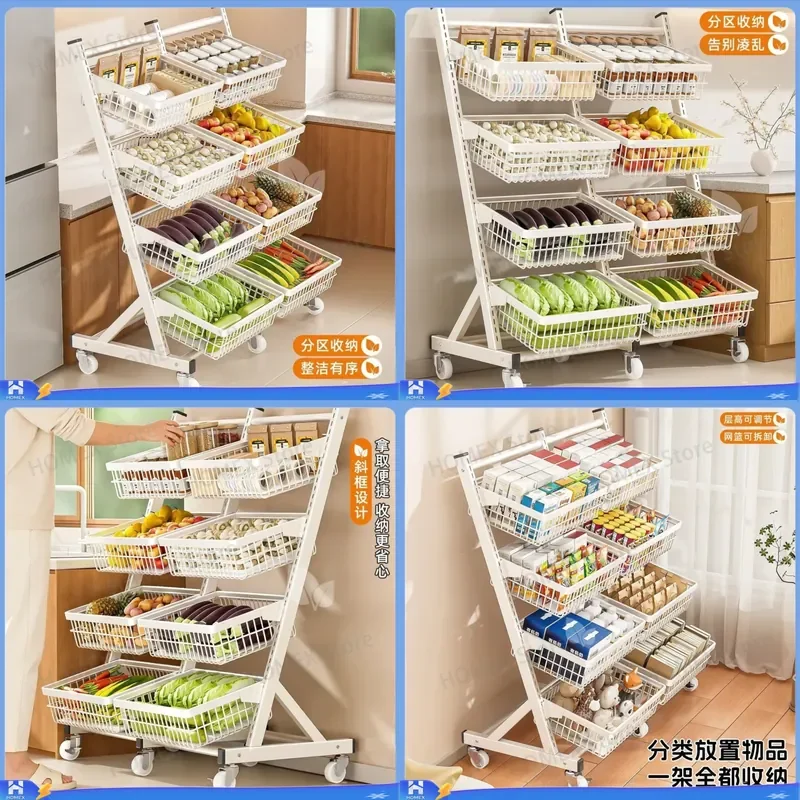Kitchen vegetable basket storage rack with multiple levels, floor-standing and movable, for storing fruits and vegetables