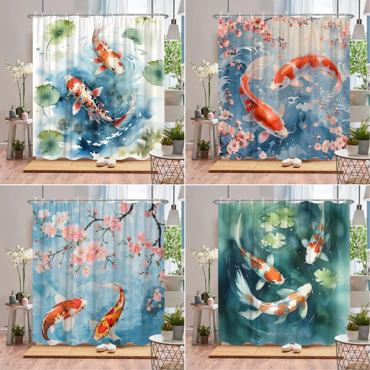 Koi Shower Curtain Asian Landscape Cherry Blossom Plant Pond Lotus Leaf Ink Painting Art Polyester Fabric Bathroom Decor Curtain