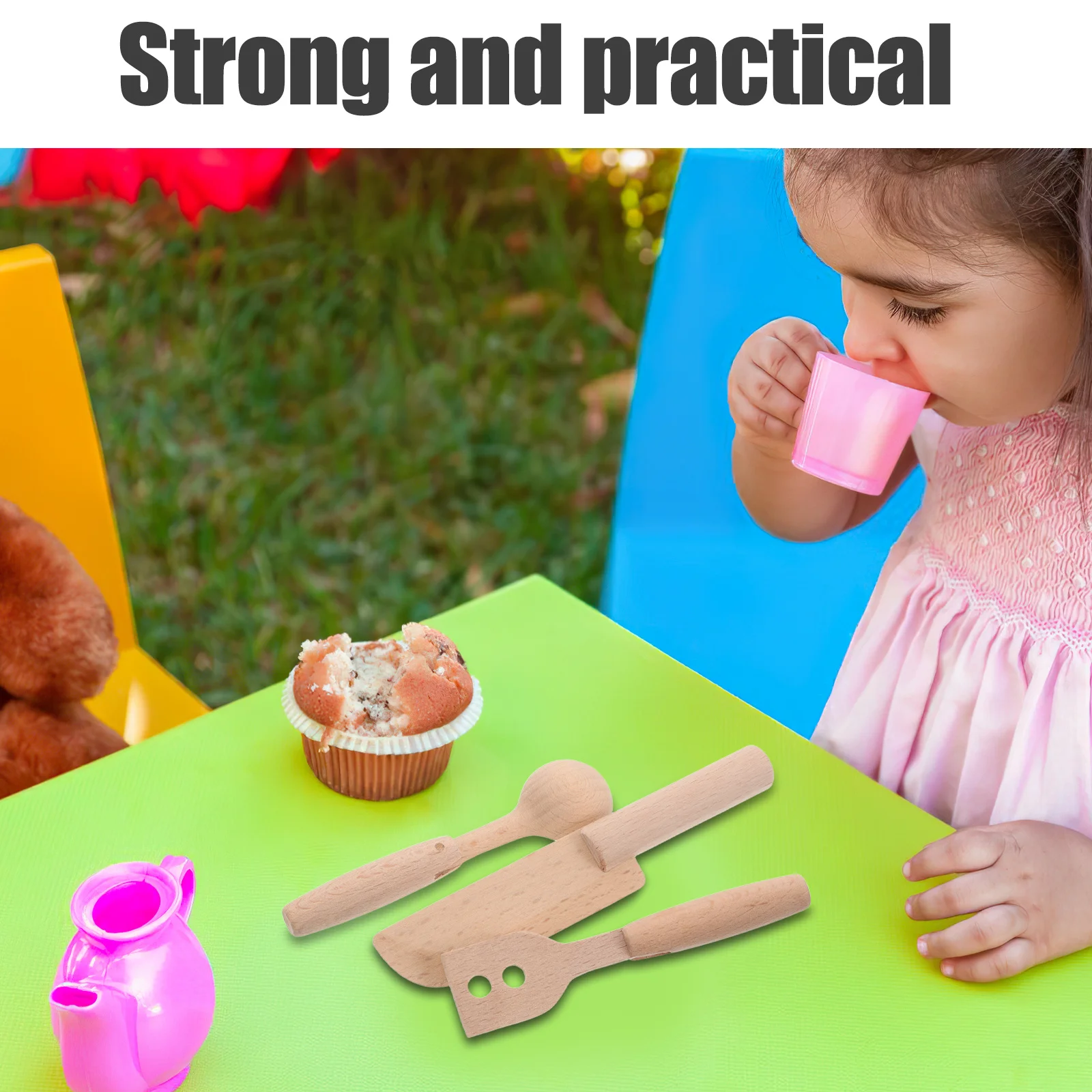 Outils de cuisine en bois pour enfants, ensemble de jeu de simulation de cuisine réaliste, bords arrondis pour enfants en bas âge, motricité Fine, 3 pièces