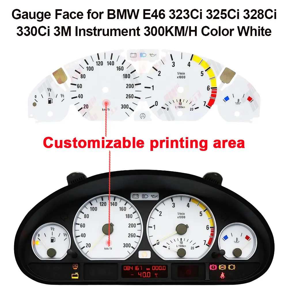 Weiß-Rot-Gelbe Anzeigefelder für BMW E46 323Ci 325Ci 328Ci 330Ci 300KM/H + Individuell beleuchtetes Logo – Detail 1